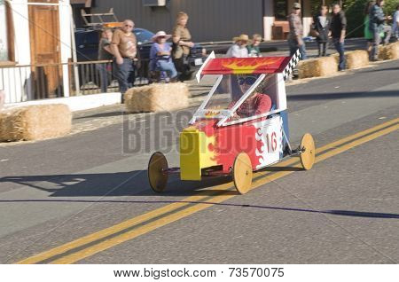 West Point, CA October 4, 2014: Lumberjack day, a typical slice of Americana, a children's soapbox race down Main St, starting the events for the day in this small American Sierra foothills community