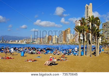 BENIDORM, SPAIN - SEPTEMBER 23: Vacationers in Levante Beach on September 23, 2014 in Benidorm, Spain. Benidom, called sometimes Beniyork, is a major destination for sun and beach for European tourism
