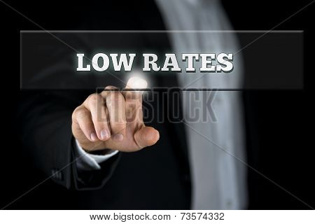 Businessman Pointing Low Rates On Transparent Box