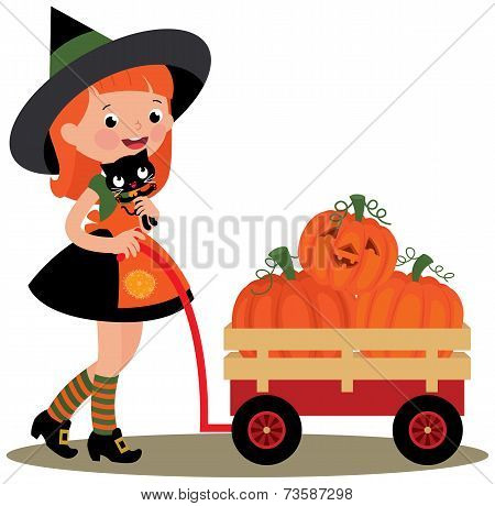 Witch Halloween Carries A Wheelbarrow Full Of Pumpkins