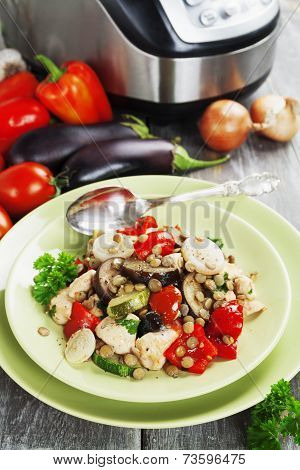 Vegetables, Steamed With Chicken And Green Lentils