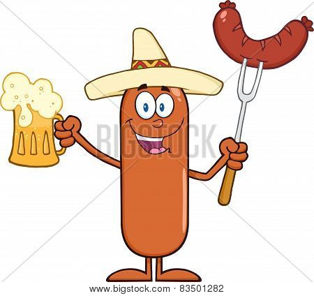 Happy Mexican Sausage Cartoon Character Holding A Beer And Weenie On A Fork