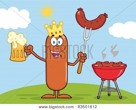 Happy King Sausage Character Holding A Beer And Weenie Next To BBQ