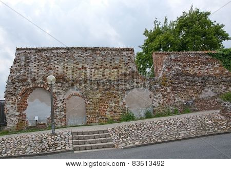 Brick wall from medieval 13th century brick ruin