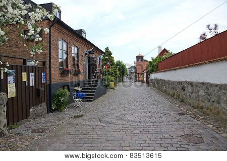 Idyllic street with roses and cobble stones