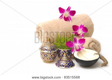 Thai Spa Massage Setting With Spa  Essential Oil , Towel, Organic Soap And Orchid