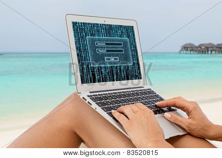 Woman In Bikini Using Laptop