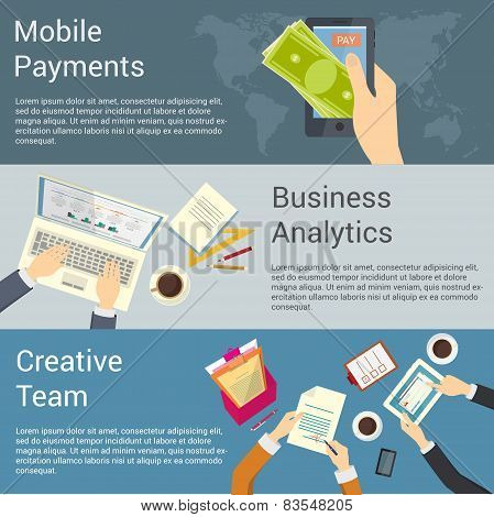Set of flat design concepts for creative team, business analytics and mobile payments.