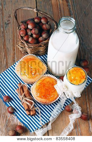 Breakfast Time (homemade Muffins With Orange And Cinnamon Jam, Yogurt, Milk, Nuts)