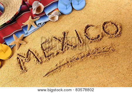 Mexico Written In Beach Sand