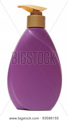 colored plastic bottles with liquid soap and shower gel.