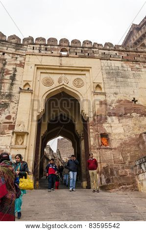Jodhpur, India - January 1, 2015: Unidentified People Walk Through A Gate At Mehrangarh Fort