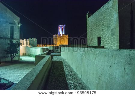 Battlements, Pathways And Towers Of Badajoz Muslim Wall At Night, Spain