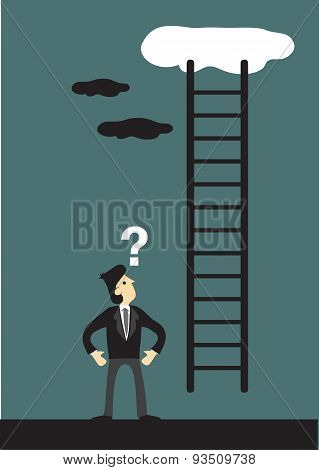 Businessman And Corporate Ladder Going Up The Sky