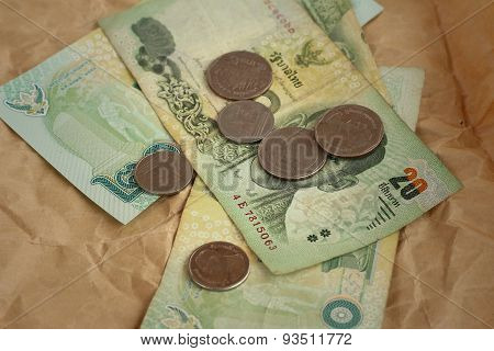 Thailand Baht Banknotes With Thailand Baht Coins.