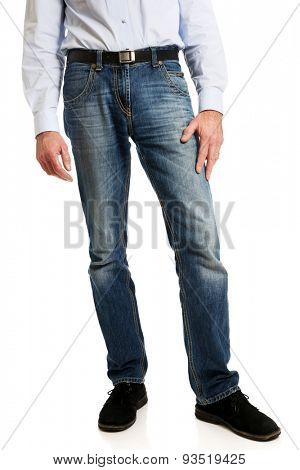 Fashionable mature men in jeans trousers. 