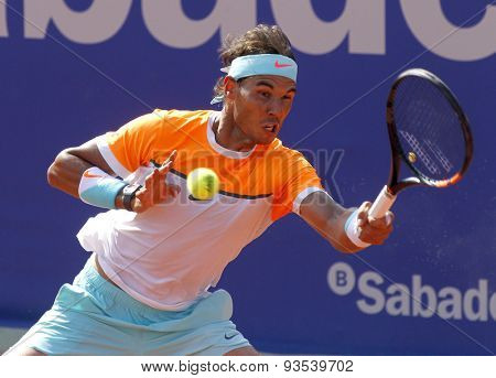 BARCELONA - APRIL, 23: Spanish tennis player Rafa Nadal in action during a match of Barcelona tennis tournament Conde de Godo on April 23 2015 in Barcelona