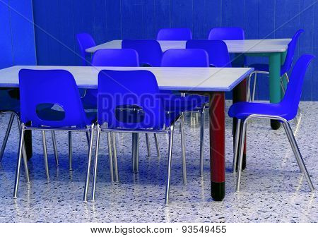 Classroom Of A Kindergarten With Blue Chairs
