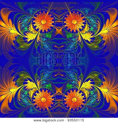 Flower Pattern. Orange And Darkblue Palette. Fractal Design. Computer Generated Graphics