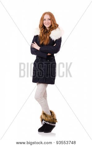 Pretty girl in warm clothes isolated on white