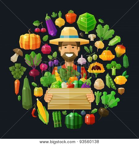 fresh food. fruits and vegetables icons set. farmer with a box in his hand