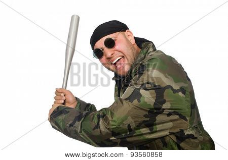 Young man in soldier uniform holding bludgeon isolated on white