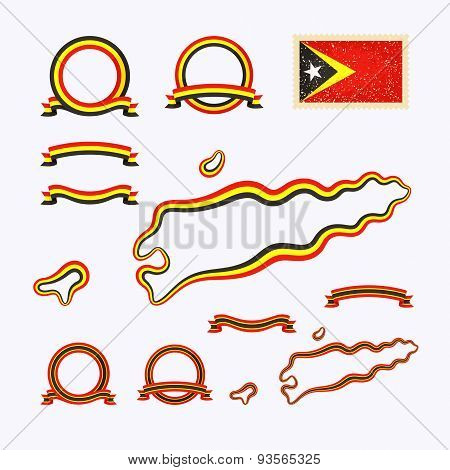 Outline map of East Timor. Border is marked with ribbon in national colors. The package contains frames in national colors and stamp with flag.