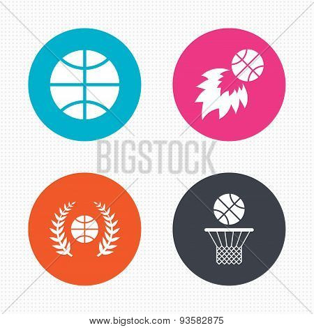 Basketball icons. Ball with basket and fireball.
