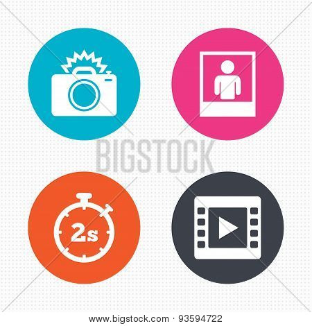 Photo camera icon. Flash light and video frame.