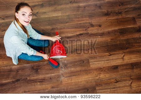 Cleaning Woman Sweeping Wooden Floor