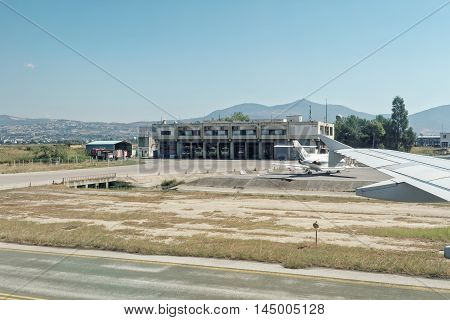 Thessaloniki, Greece - August 15 2016: Fire engines in Macedonia airport station Thessaloniki international airport Macedonia (SKG) serves more than 5 million passengers annually.