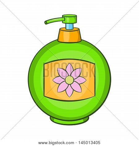 Green plastic bottle of liquid soap icon in cartoon style on a white background