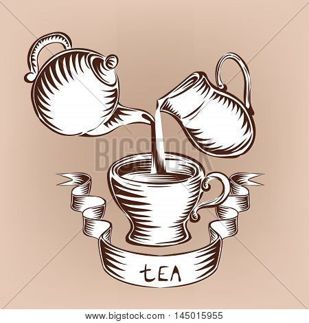 hand-drawn illustration of a cup of tea jug with milk and ribbon for your text vector