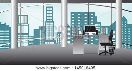 Office interior vector business background tables chairs computer desk desktop window city employee empty on the tables with computers