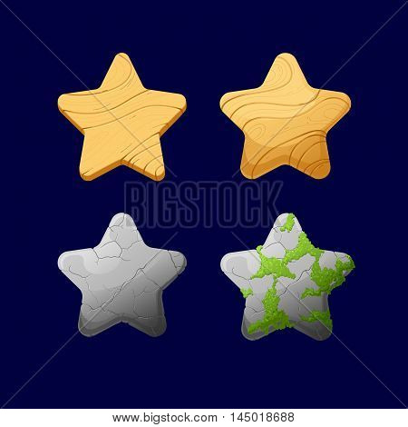Vector illustration.Set of Cartoon different Stars.Glossy Star isolated on a dark background. Game icon.Vector design for app user interface and score display.Set of wooden and stone with moss stars.