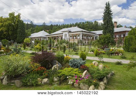 Beautiful garden view and nuns house at Varatec orthodox Monastery.