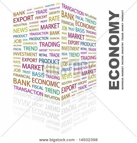 WIRTSCHAFT. Wort-Collage auf weißem Hintergrund. Vektor-Illustration. Abbildung mit verschiedenen trittst