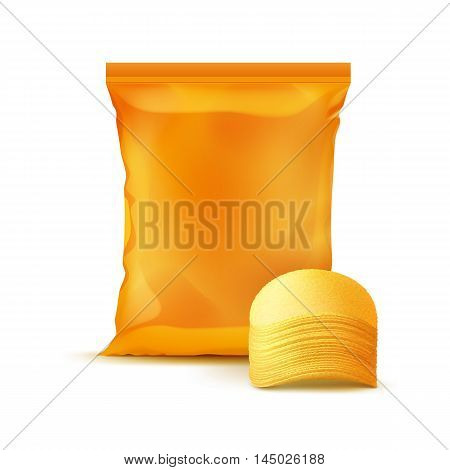Vector Orange Vertical Sealed Foil Plastic Bag for Package Design with Stack of Potato Crispy Chips Close up Isolated on Background