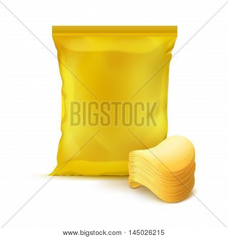 Vector Yellow Vertical Sealed Foil Plastic Bag for Package Design with Stack of Potato Crispy Chips Close up Isolated on Background