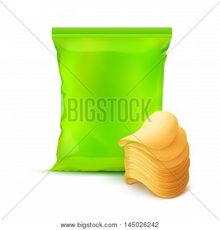 Vector Light Green Vertical Sealed Foil Plastic Bag for Package Design with Stack of Potato Crispy Chips Close up Isolated on Background