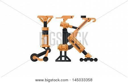 Steampunk letter made of different technical pieces: pipes blocks screws etc. Letter J and K.