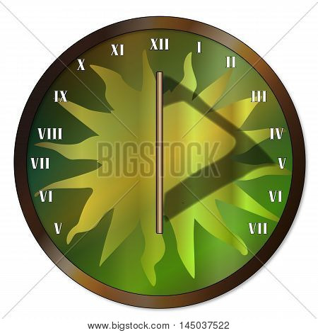 A typical old fashioned sun dial clock face over a white background