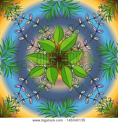 vintage pattern on round blue yellow and golden gradient background with green leaves and blue flowers.