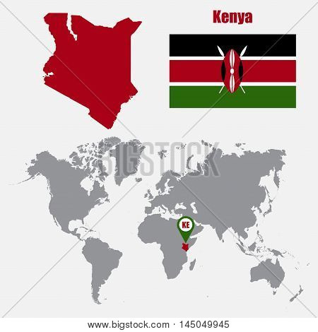 Kenya map on a world map with flag and map pointer. Vector illustration