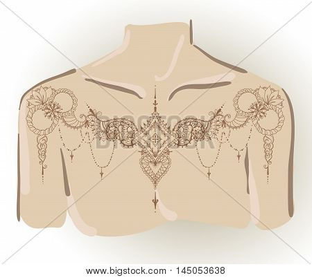 Template for tattoo design on collarbones with mehndi elements. Floral ornament. Islam arabic indian ottoman motifs. Vector illustration.