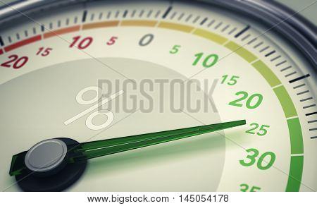 3D illustration of a dial with the needle pointing twenty five percent. Concept of growth