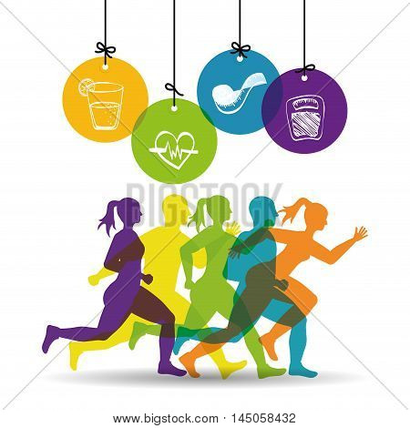 runner man woman heart scale meter juice athlete running training fitness healthy lifestyle sport marathon icon. Colorful and flat design. Vector illustration