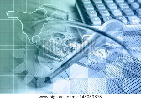 Financial background with map calculator graph gear and buildings in greens and blues.