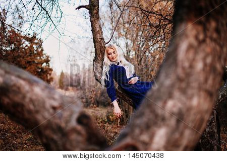 A woman dressed in a blue vintage dress sits on the branch of fruit tree in the autumn park. Selective focus.