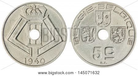 5 Centimes 1940 Coin Isolated On White Background, Belgium